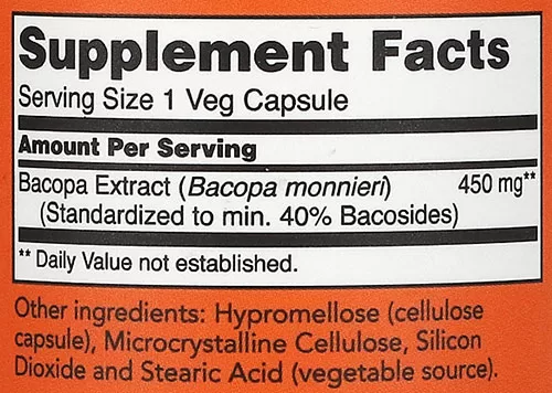 NOW Bacopa Extract Supplement Facts Image