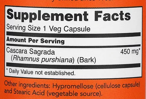 NOW Cascara Sagrada Supplement Facts Image