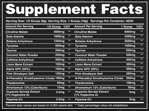 War Potion Pre Workout Supplement Facts Image