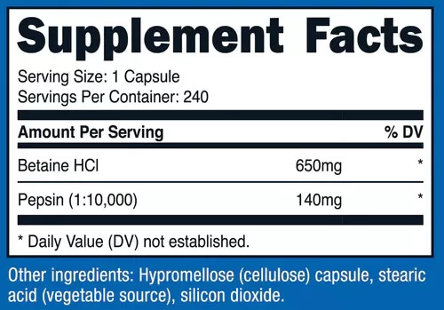 Nutricost Betaine HCL + Pepsin Supplement Facts Image