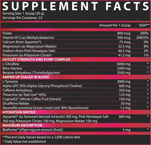 Outlift Amped Supplement Facts Image