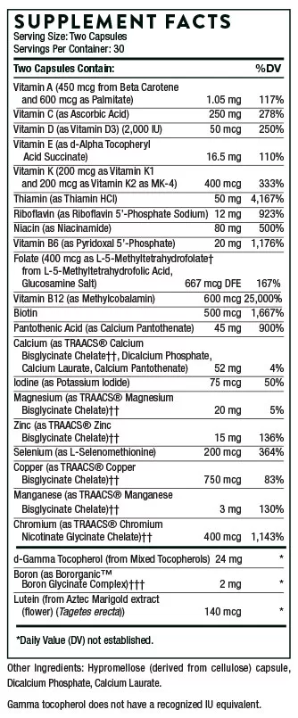 Thorne Basic Nutrients 2/Day Supplement Facts Image