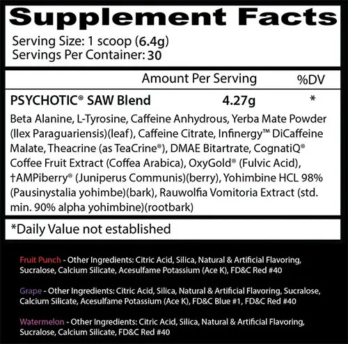 Psychotic SAW Supplement Facts Image