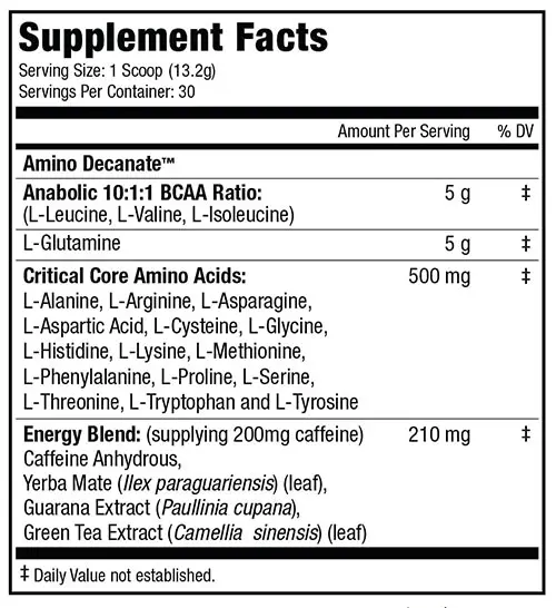 Amino Decanate Energy Supplement Facts Image