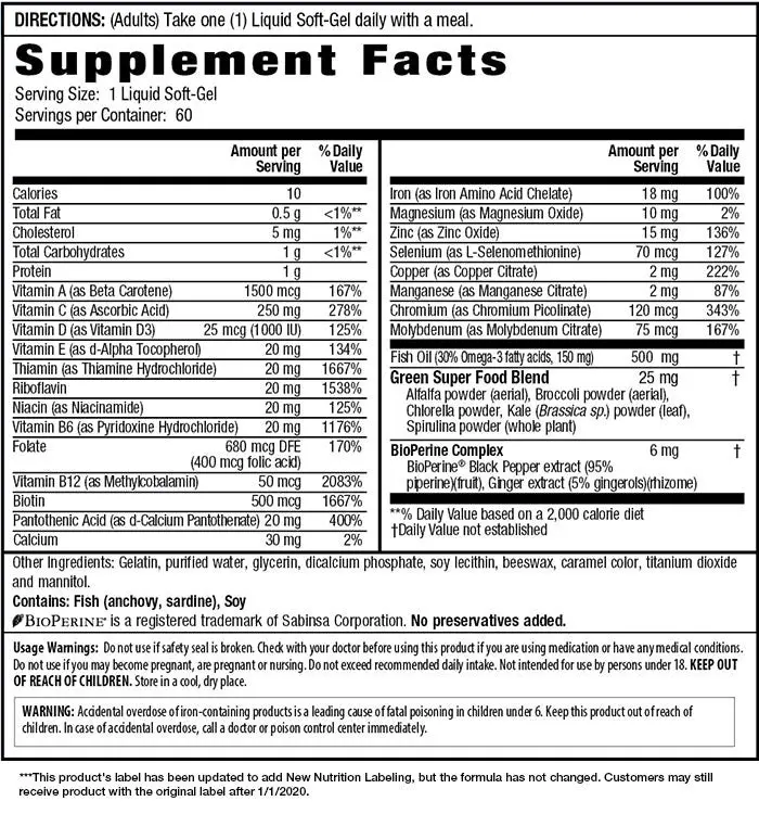 Only One Liquid Gel Multi with Iron Supplement Facts Image
