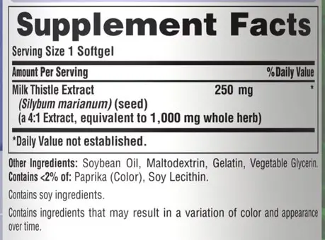Puritan's Pride Milk Thistle Extract Supplement Facts Image