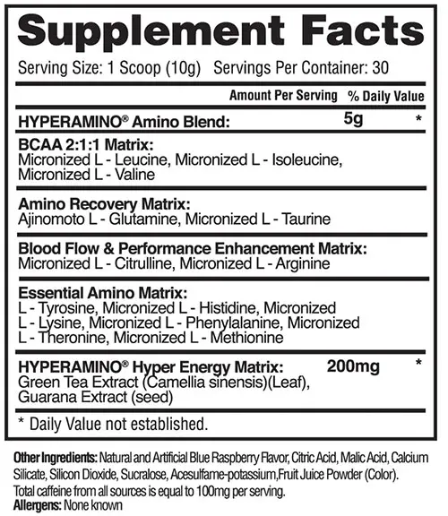 HyperAmino Supplement Facts Image