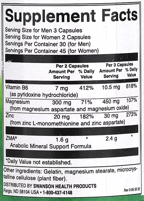 Swanson ZMA Supplement Facts Image