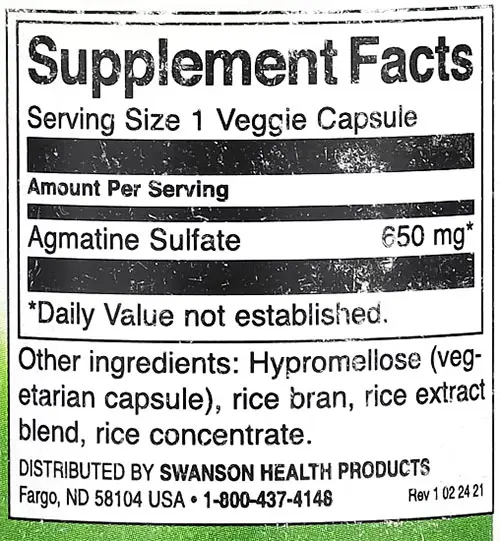 Swanson Agmatine Supplement Facts Image