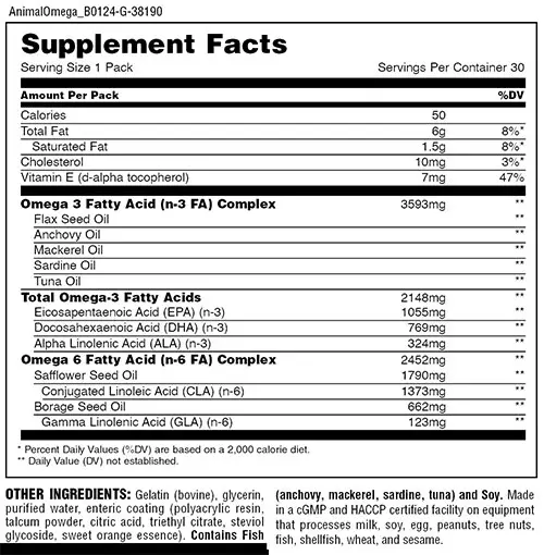 Animal Omega Supplement Facts Image