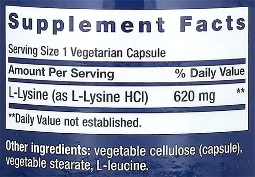 Life Extension L-Lysine Supplement Facts Image