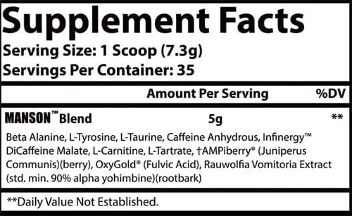 Manson Pre Workout Supplement Facts Image