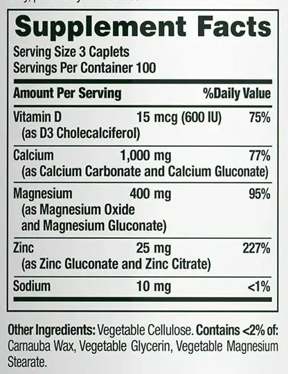 Nature's Bounty Calcium Magnesium Zinc Supplement Facts Image