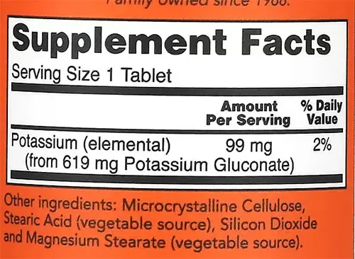 NOW Potassium Gluconate Supplement Facts Image