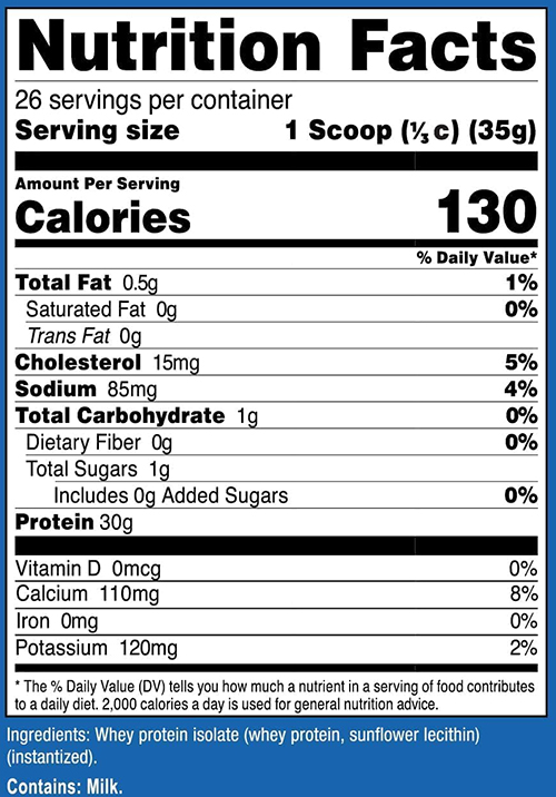 Nutricost Whey Protein Isolate Supplement Facts Image