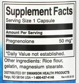 Swanson Pregnenolone Supplement Facts Image