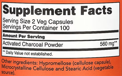 NOW Activated Charcoal Supplement Facts Image