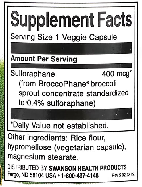 Swanson Sulforaphane Supplement Facts Image