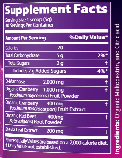 MRM D-Mannose + Cranberry Supplement Facts Image