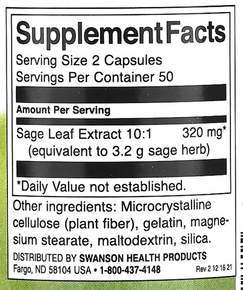 Swanson Sage Extract Supplement Facts Image