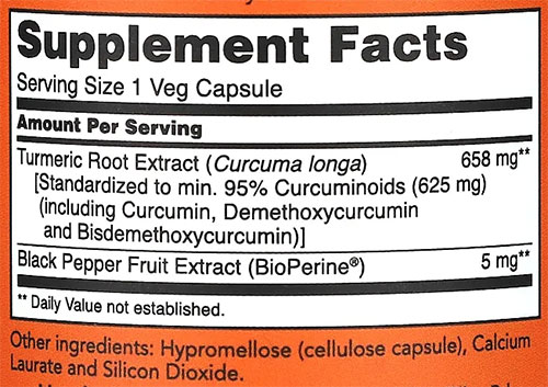 NOW Turmeric Curcumin Bioperine Supplement Facts Image