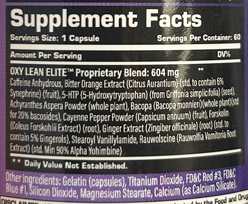 Oxy Lean Elite Supplement Facts Image