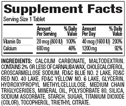 Member's Mark Calcium + D3 Supplement Facts