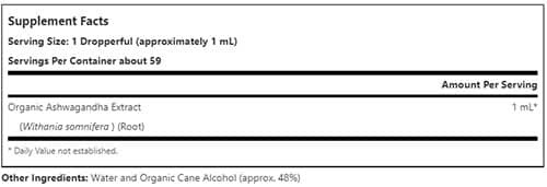 NOW Ashwagandha Extract Liquid Supplement Facts