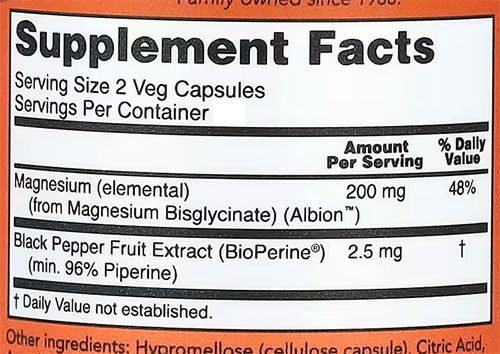 NOW Magnesium Glycinate Bioperine Supplement Facts Image